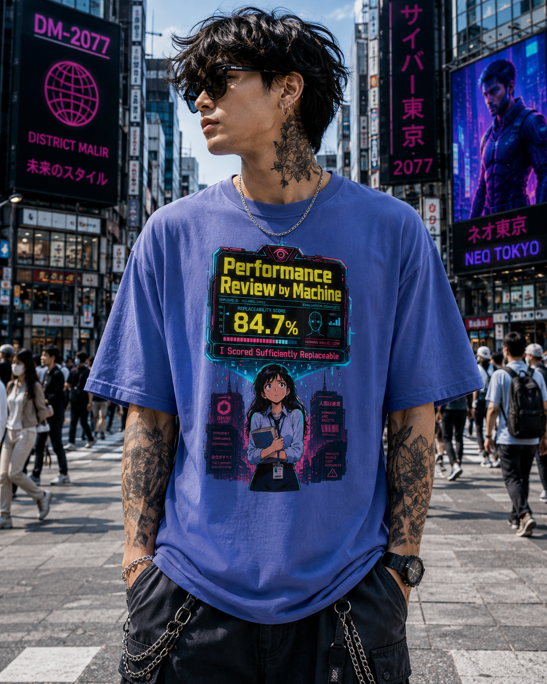 A man wearing a blue graphic t-shirt with a futuristic AI-generated 'Performance Review by Machine' design, standing on a busy city street in Tokyo.