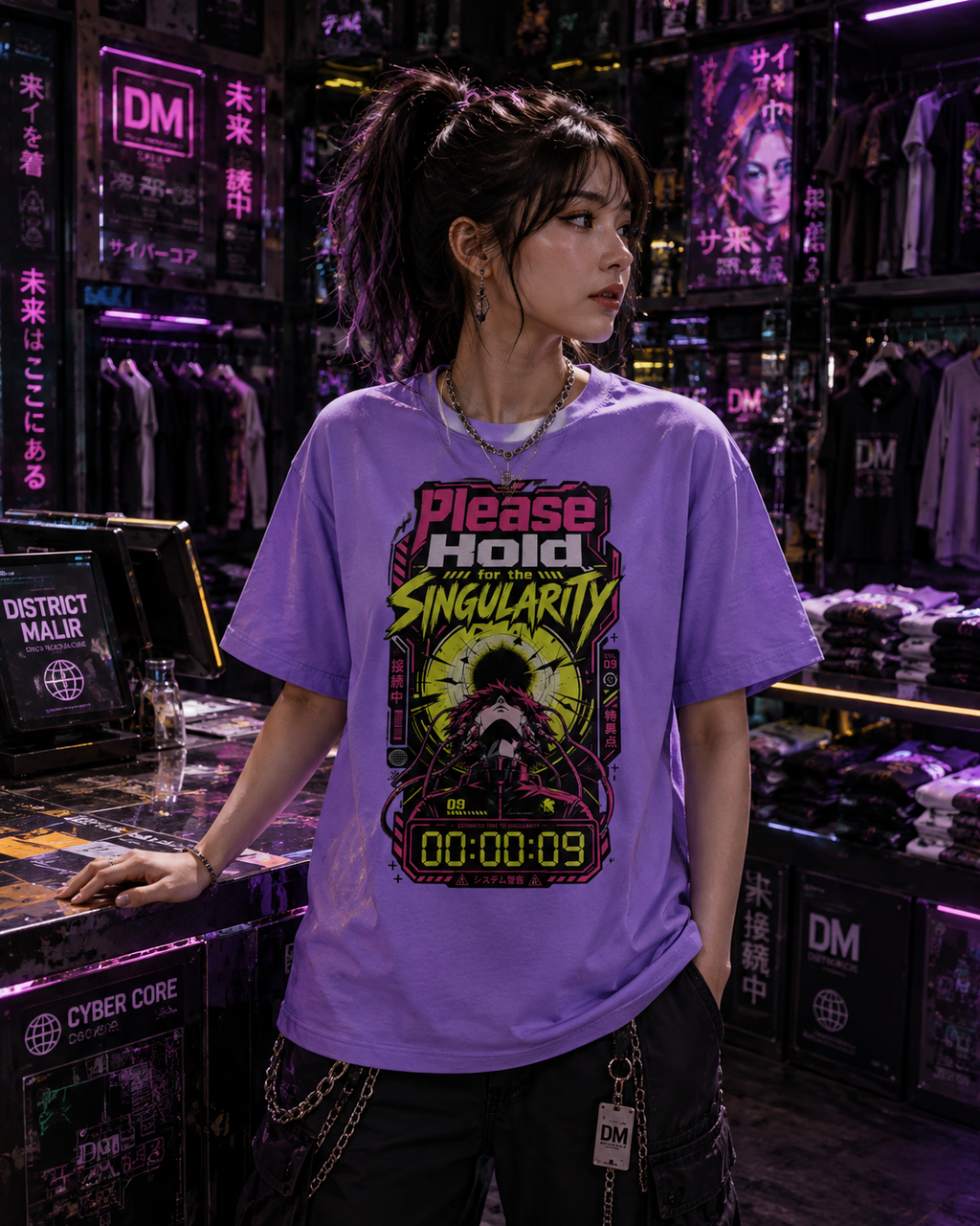 A woman wearing a lavender graphic t-shirt with a 'Please Hold Singularity' design, standing in a dark, neon-lit clothing store.