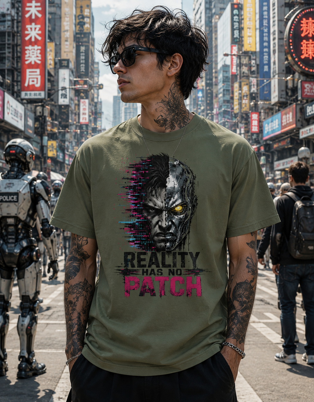 A man wearing an olive green graphic t-shirt with a 'REALITY HAS NO PATCH' design, standing in a busy city street with robotic figures and neon signs in the background.