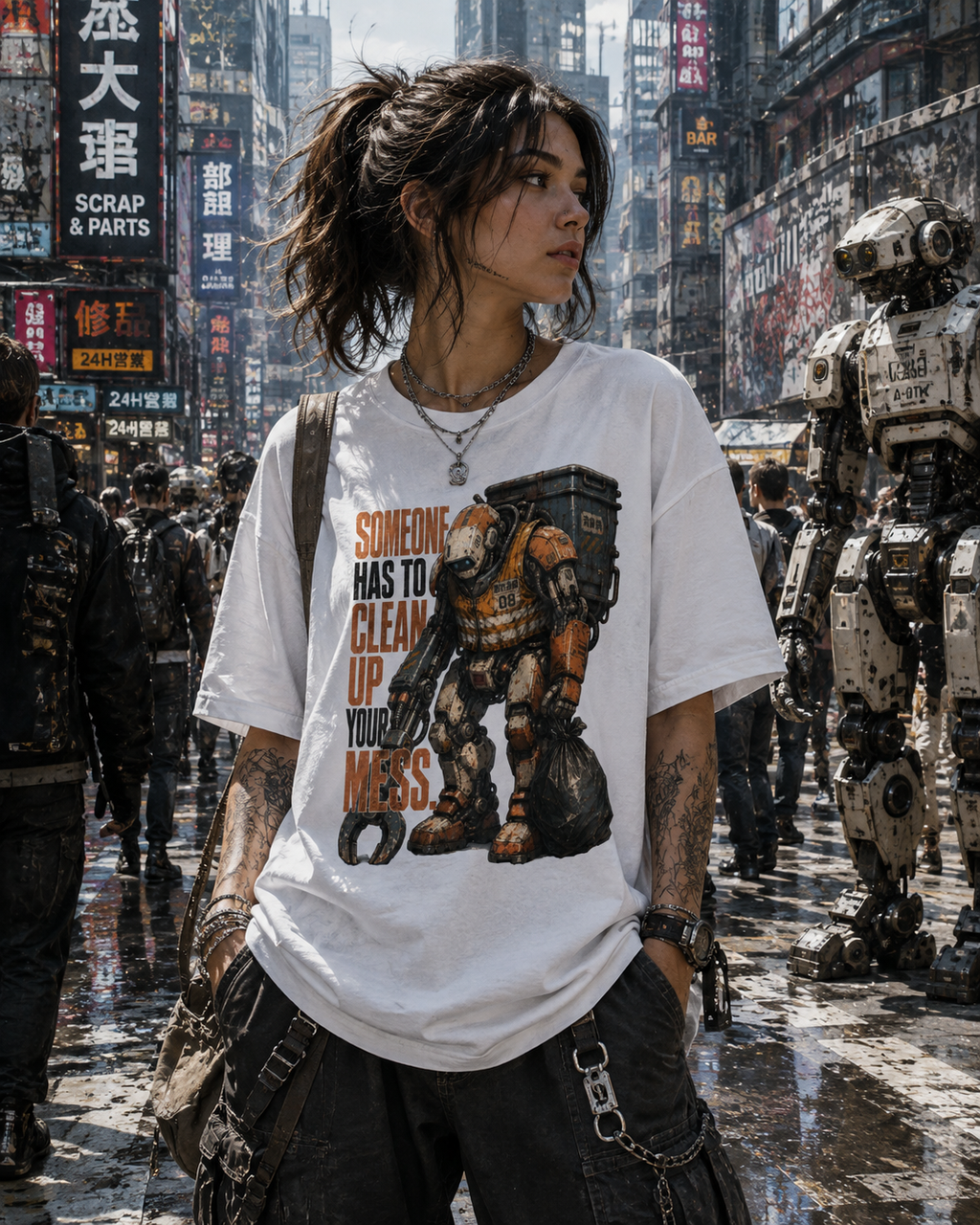 A woman stands in a futuristic city street wearing an oversized white graphic T-shirt with a sci-fi soldier print and the text 'SOMEONE HAS TO CLEAN UP YOUR MESS.' She is surrounded by robots and urban signage.