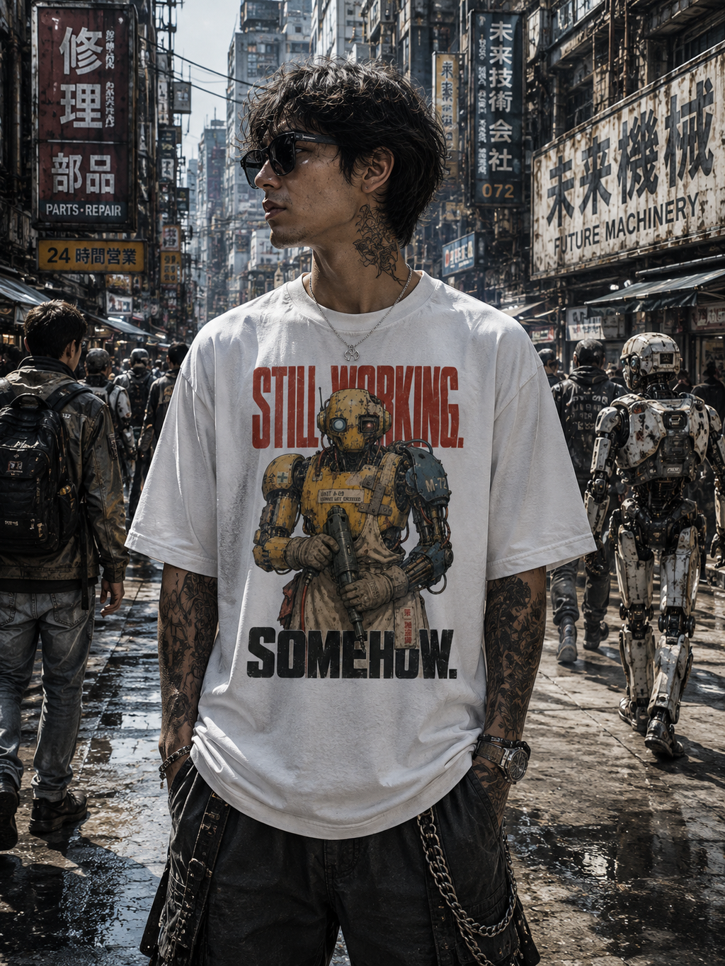 A man wearing a white graphic t-shirt with a Terminator-style robot print and the text 'STILL WORKING. SOMEHOW.