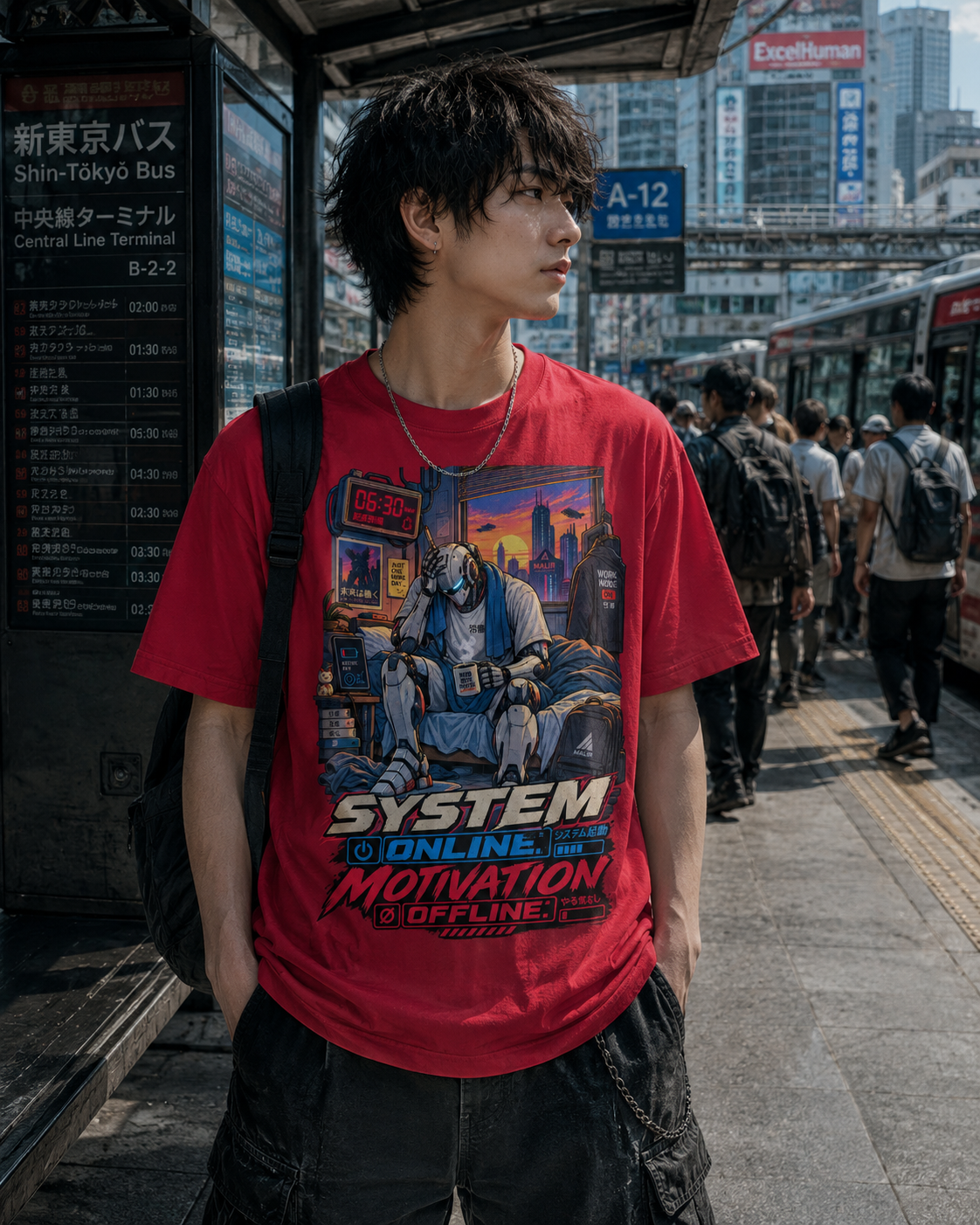 A man wearing a red graphic t-shirt with a cyberpunk-style illustration and the text 'SYSTEM ONLINE MOTIVATION OFFLINE' stands on a Tokyo bus stop platform.