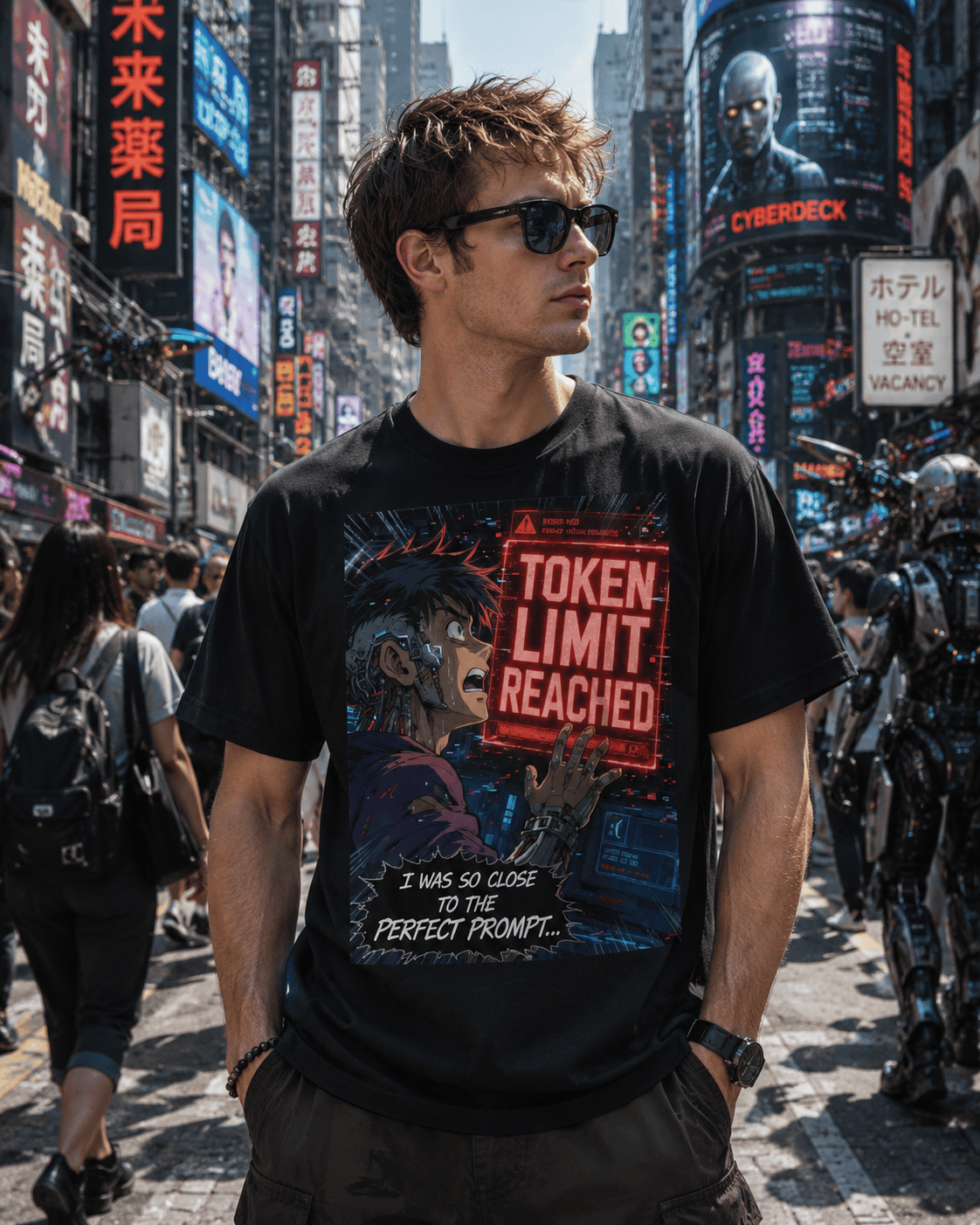 A man wearing a black graphic t-shirt with a cyberpunk design and the text 'TOKEN LIMIT REACHED' stands in a busy, neon-lit city street resembling Shibuya, Japan.