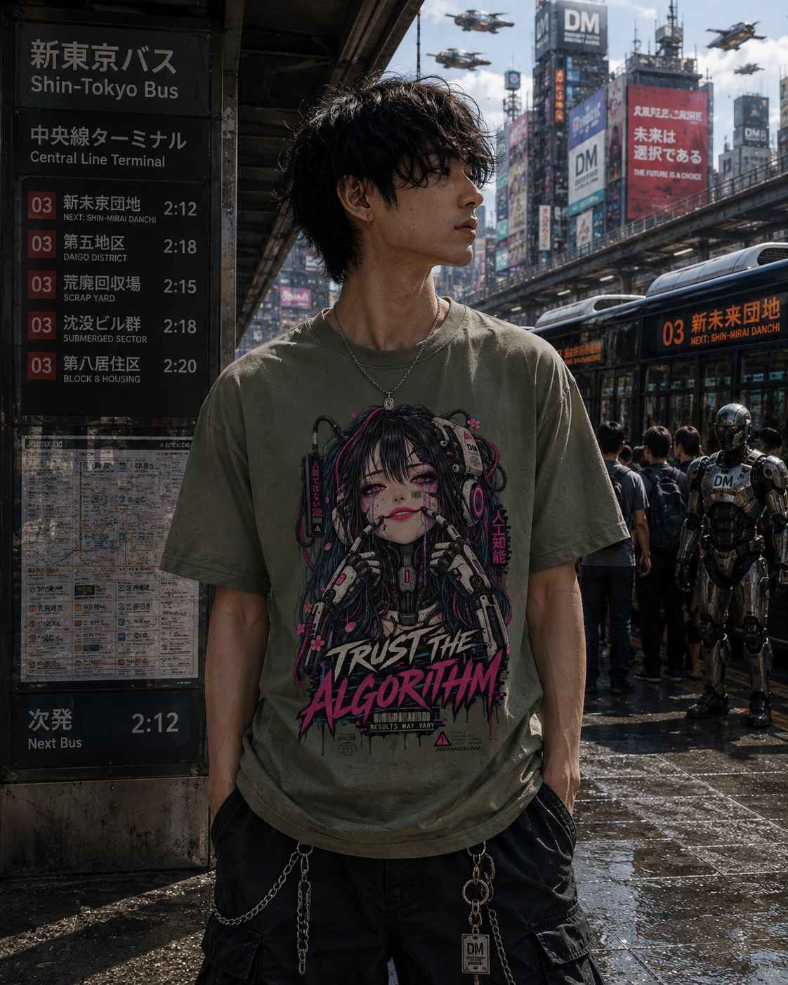 A man wearing an olive green graphic t-shirt with a cyberpunk-style anime girl print and the text 'TRUST THE ALGORITHM' in Shinjuku, Tokyo, standing in front of a busy bus station background.