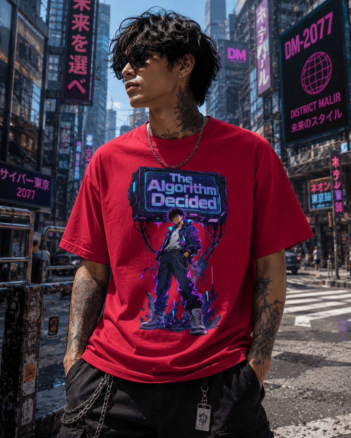 A man wearing a red graphic t-shirt with a cyberpunk-style character and the text 'The Algorithm Decided', standing in a busy city street with neon signs.
