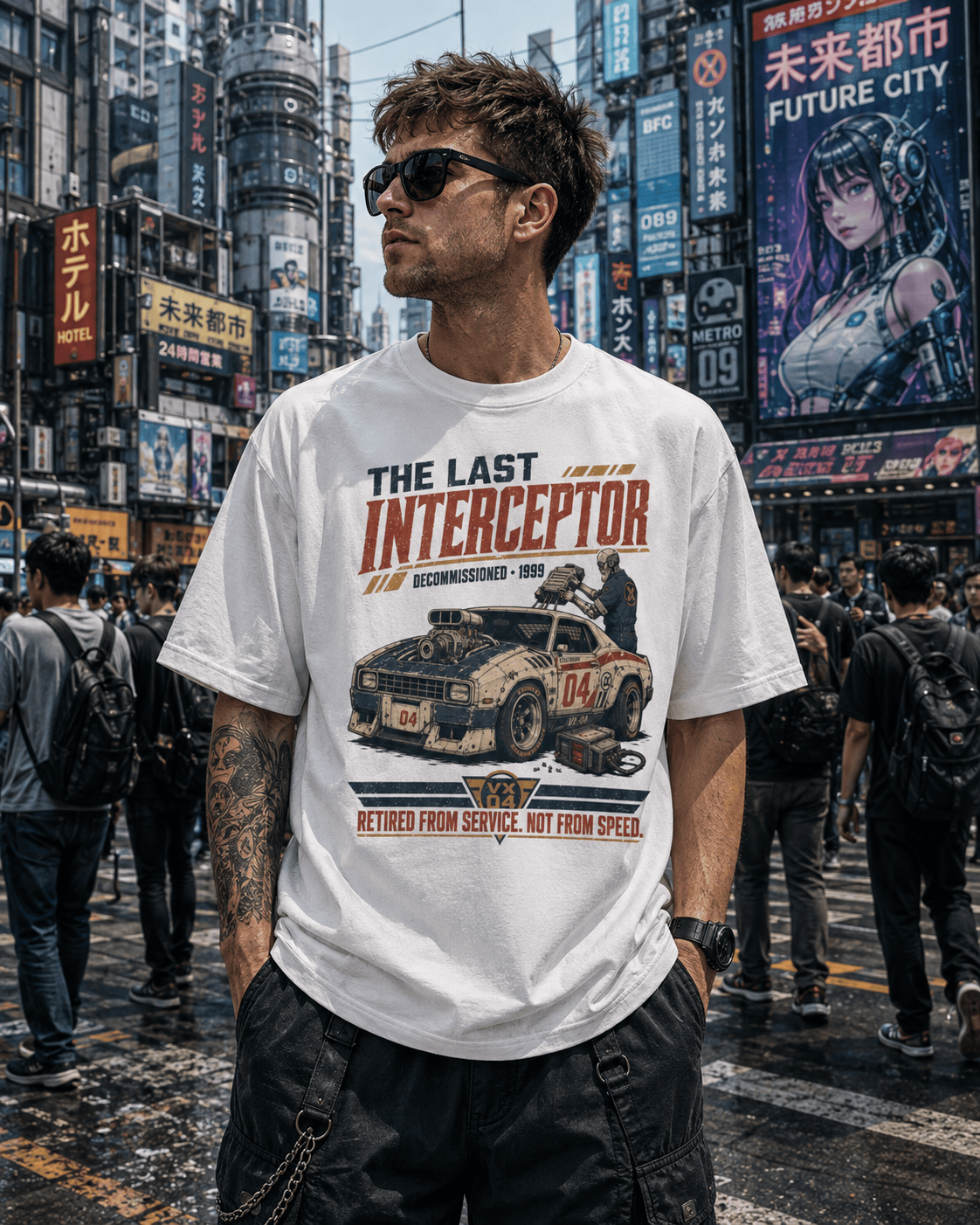 A man wearing a white graphic t-shirt with a 'The Last Intercept' car design, standing in a busy, neon-lit city street.