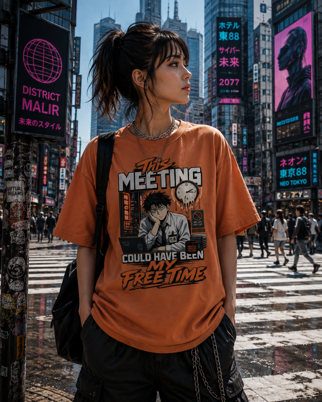 A woman stands on a city street wearing an oversized orange graphic T-shirt with anime-style artwork and the text 'The MEETING COULD HAVE BEEN MY FREE TIME.' The background shows a busy urban scene with neon signs, pedestrians, and tall buildings.