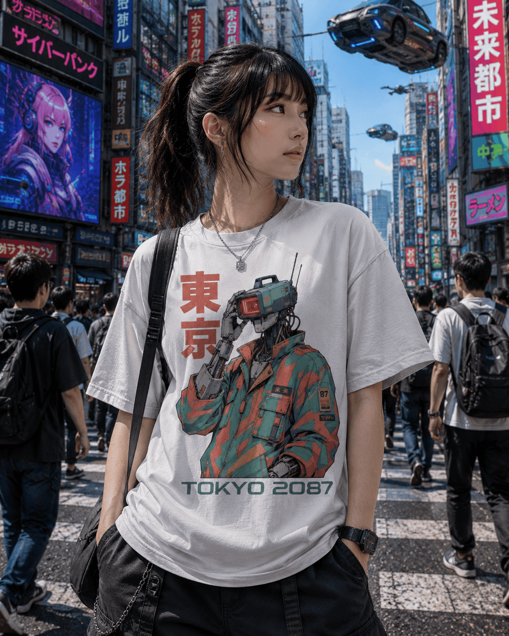 A woman wearing a white graphic t-shirt with a 'Tokyo 2087' robot design, standing in a busy, neon-lit city street resembling Shibuya.