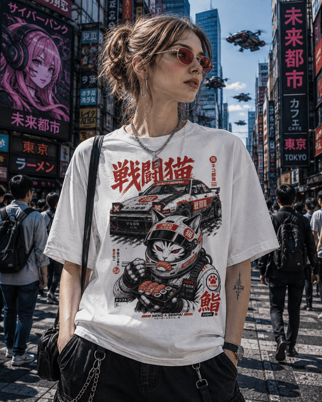 A woman wearing a white graphic t-shirt with a detailed black and red cat racing design, standing in a busy Tokyo street with neon signs and pedestrians.