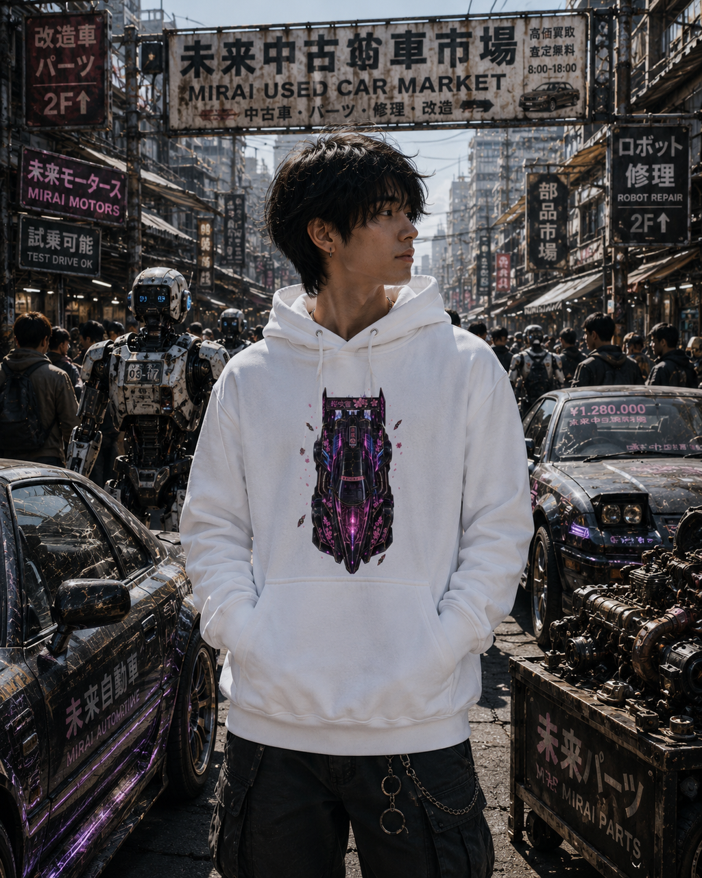 A man stands in a busy, post-apocalyptic street scene wearing a white pullover hoodie with a large purple and black cat graphic on the front. The background features cars, debris, and Japanese signs, including 'MIRAI USED CAR MARKET'.