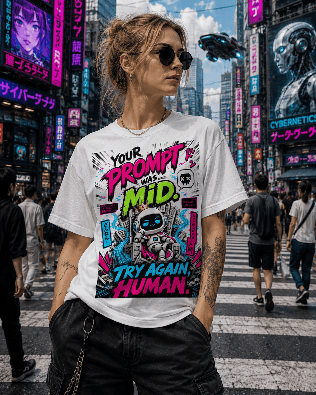 A woman wearing a white graphic t-shirt with a colorful retro-futuristic robot design and the text 'YOUR PROMPT WAS MID. TRY AGAIN, HUMAN.