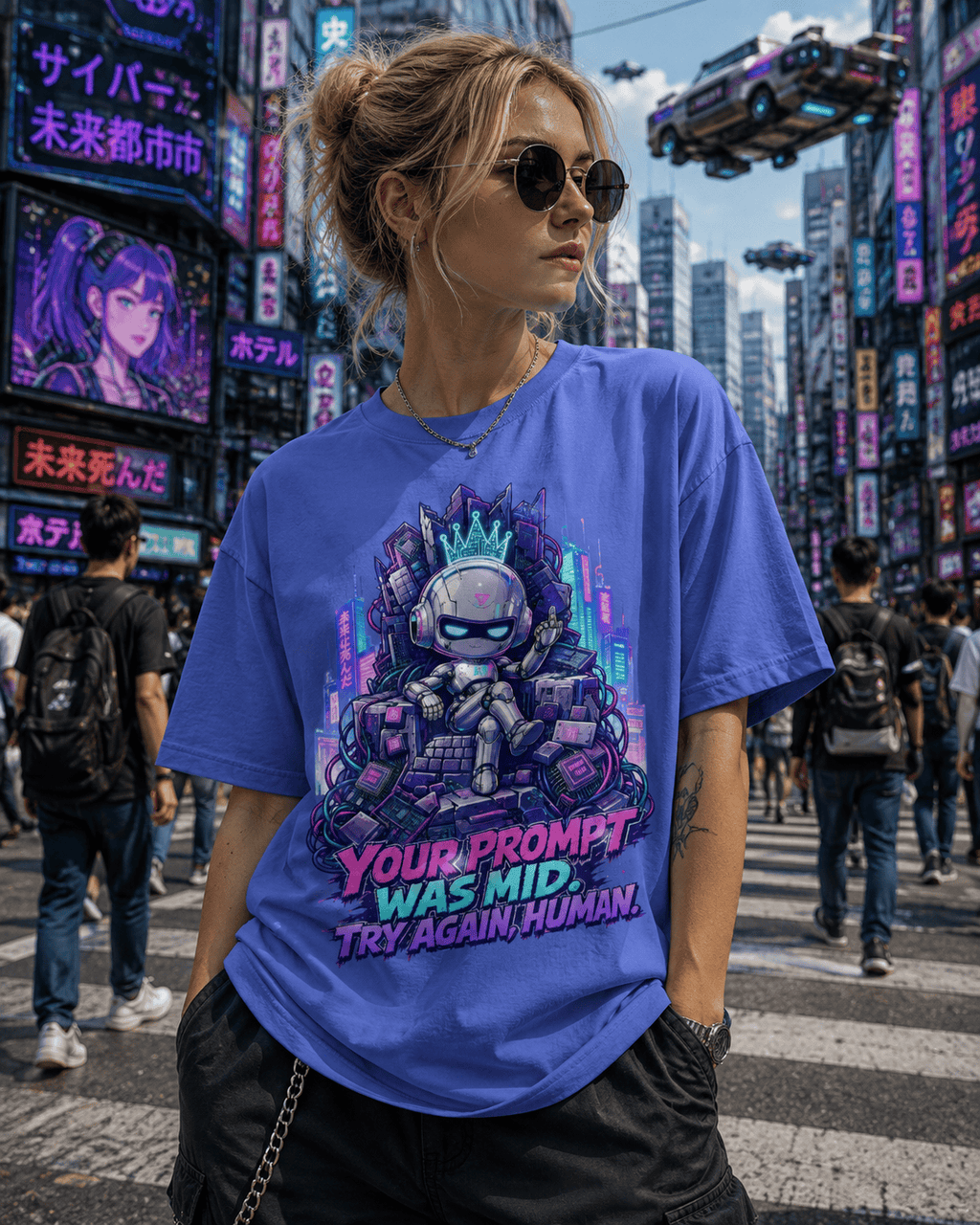 A woman wearing a blue graphic t-shirt with a cyberpunk robot design and the text 'YOUR PROMPT WAS MID.