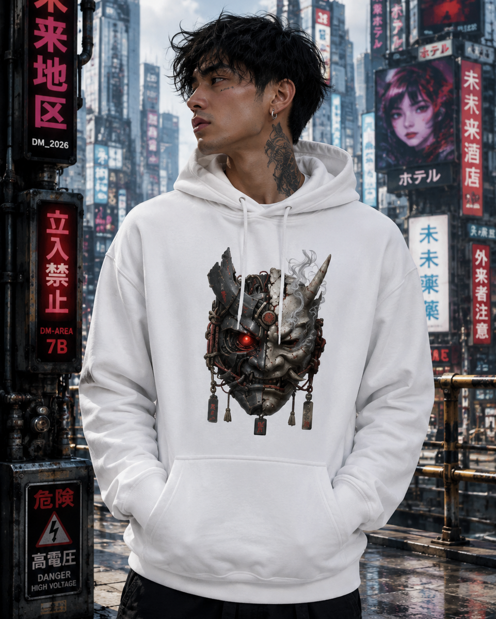 A man wearing a white pullover hoodie with a detailed graphic print of a dark, metallic gothic mask with red eyes, set against a cyberpunk city street backdrop with neon signs.