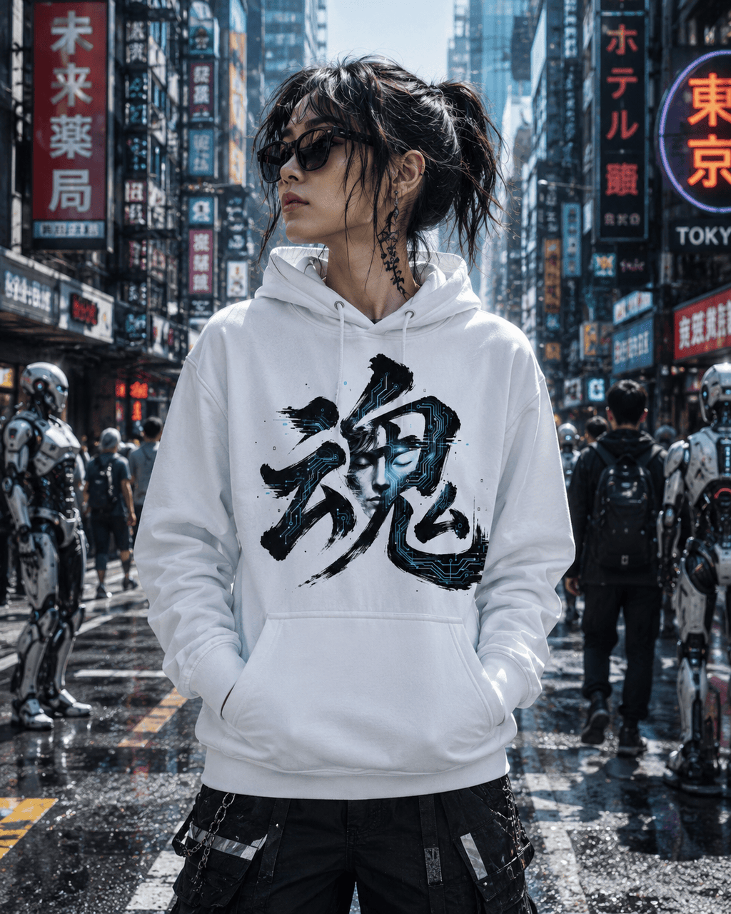 A person standing in a wet, neon-lit city street wearing a white pullover hoodie with a large black Japanese-style graphic on the front. The background features tall buildings with colorful signs and futuristic robot figures.