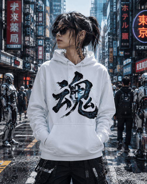 A person standing in a wet, neon-lit city street wearing a white pullover hoodie with a large black Japanese-style graphic on the front. The background features tall buildings with colorful signs and futuristic robot figures.
