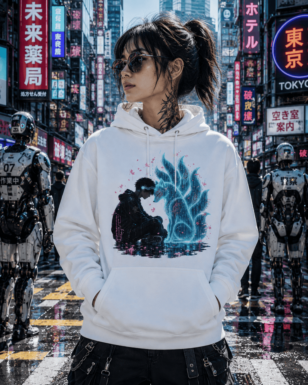 A woman wearing a white pullover hoodie with a black and blue anime-style graphic on the front, standing in a futuristic city street with neon signs and robot figures in the background.