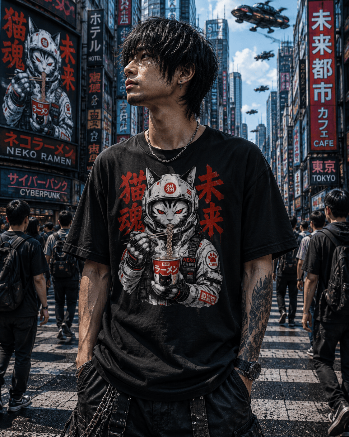 A man wearing a black graphic t-shirt with a detailed anime-style cat character print in red, white, and gray, standing in a busy, neon-lit cyberpunk street.