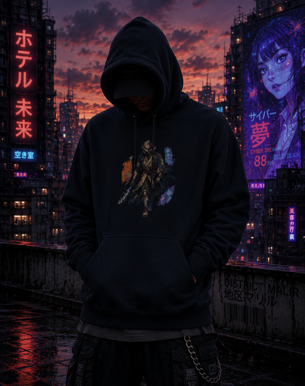 A person wearing a black pullover hoodie with a colorful anime-style graphic on the front, standing in a dark urban city scene at sunset with neon signs and a large illuminated poster in the background.