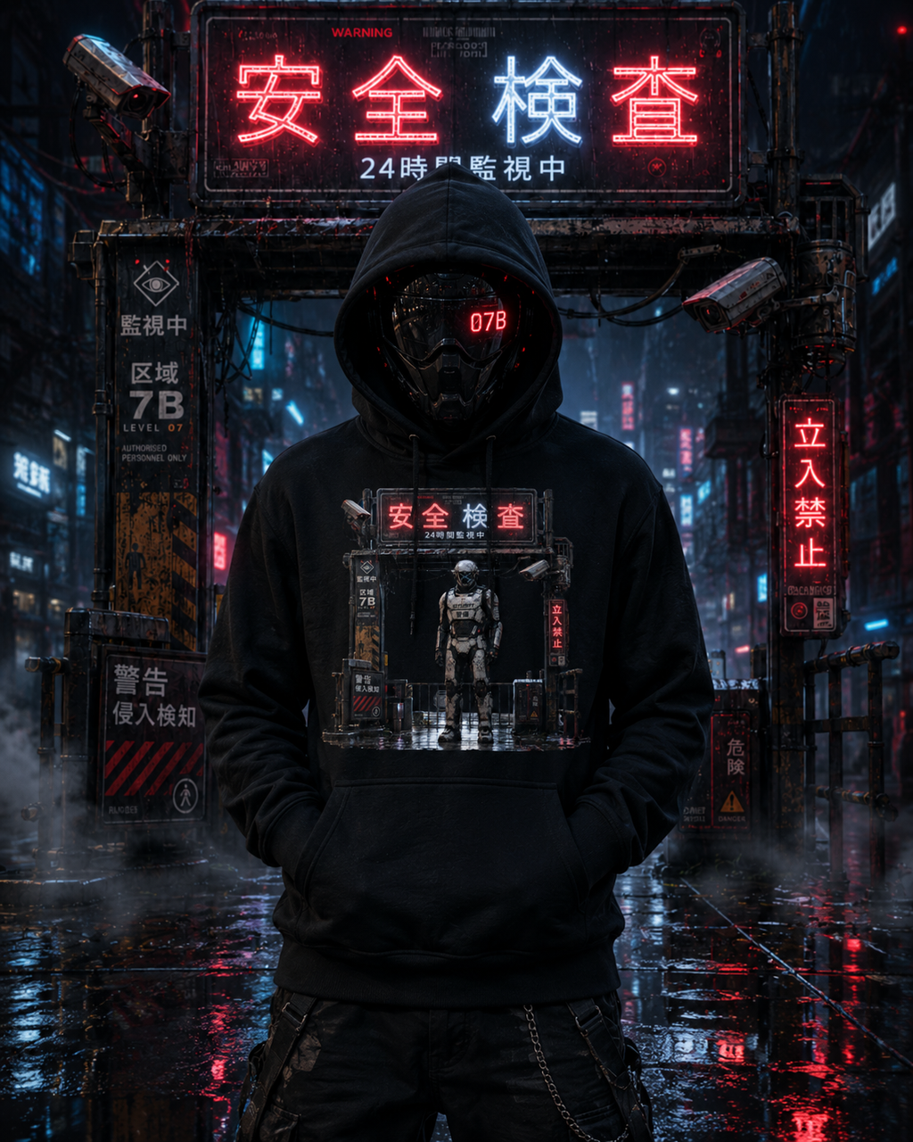 A person wearing a black pullover hoodie stands in a rainy cyberpunk city scene. The hoodie has a large front graphic with Japanese text and a robot illustration.