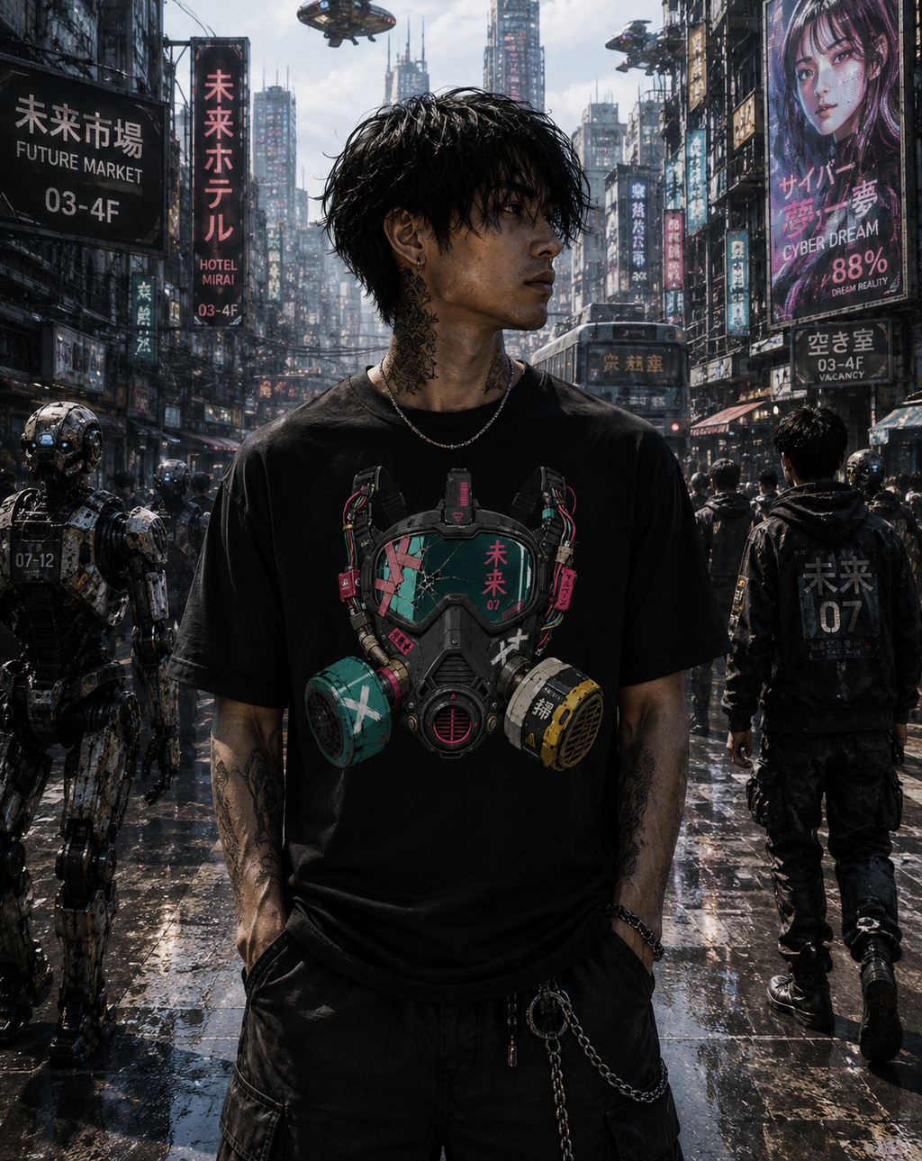 A man wearing a black graphic t-shirt with a detailed gas mask design in pink, green, and yellow, standing in a futuristic cyberpunk city street with robots and tall buildings in the background.