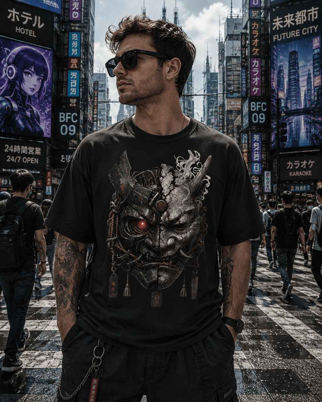 A man wearing a black graphic t-shirt with a detailed samurai mask design and a glowing red eye, standing in a busy city street with Japanese billboards in the background.