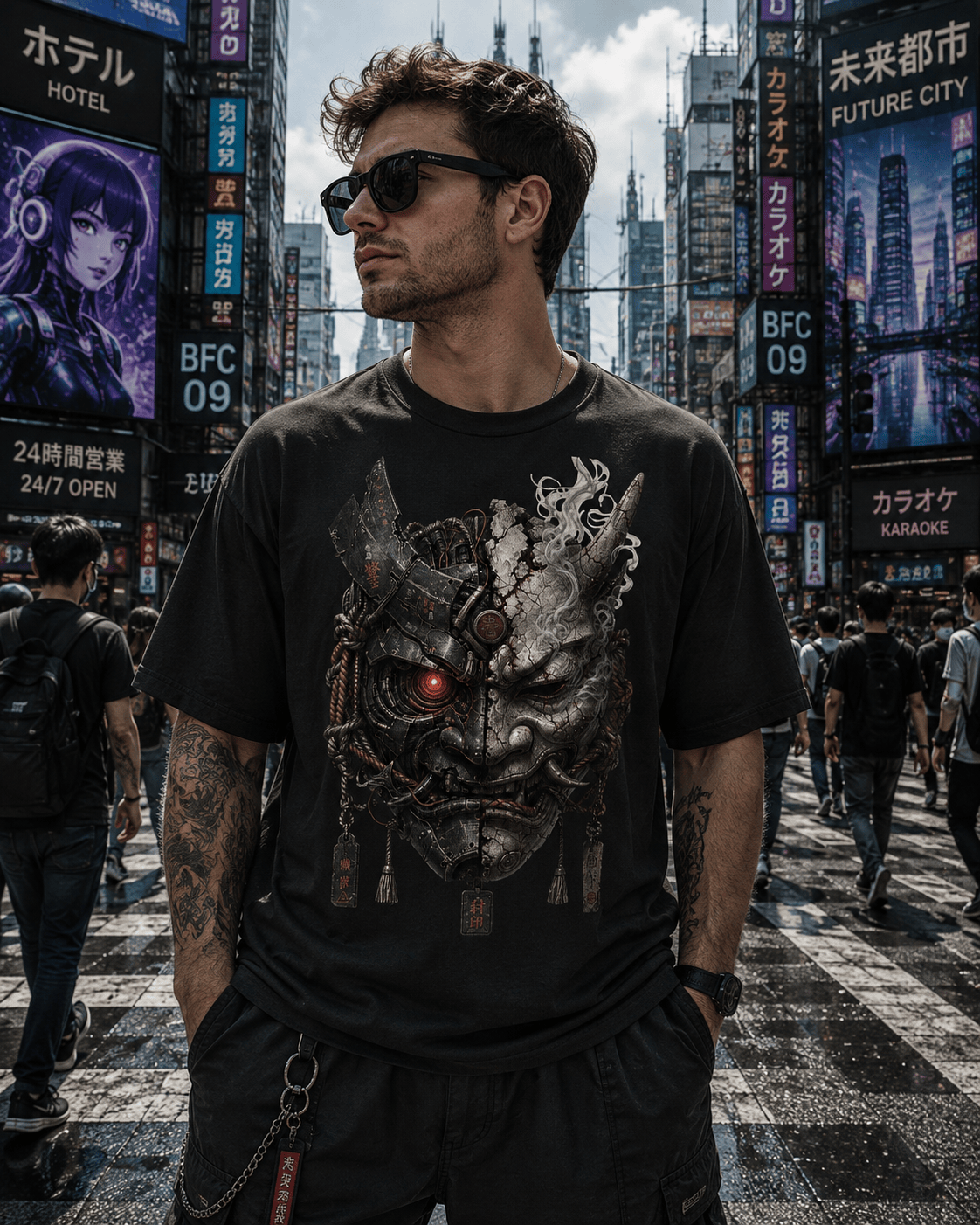 A man wearing a black graphic t-shirt with a detailed samurai mask design and a glowing red eye, standing in a busy city street with Japanese billboards in the background.
