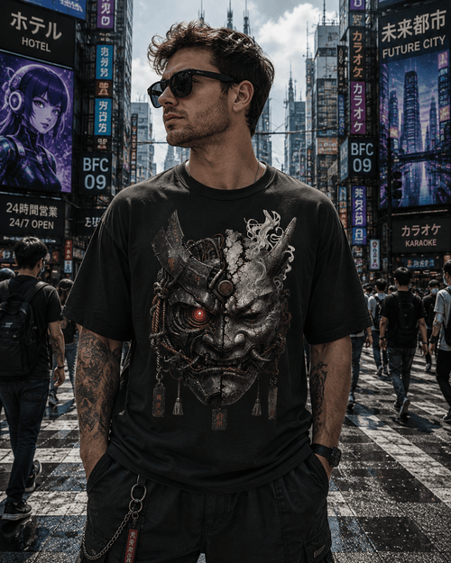 A man wearing a black graphic t-shirt with a detailed samurai mask design and a glowing red eye, standing in a busy city street with Japanese billboards in the background.