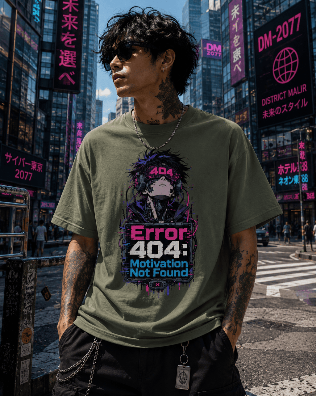 A man wearing an olive green graphic t-shirt with a 'Error 404: Motivation Not Found' design, standing in a busy city street with neon signs in the background.