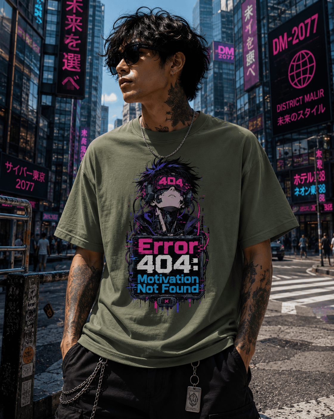 A man wearing an olive green graphic t-shirt with a 'Error 404: Motivation Not Found' design, standing in a busy city street with neon signs in the background.