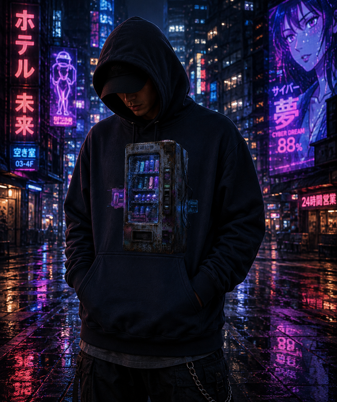 A person wearing a dark navy hoodie with a futuristic vending machine graphic on the front, standing in a neon-lit rainy city street at night.