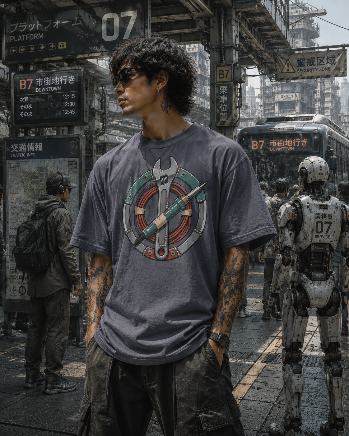 A man wearing a dark gray graphic t-shirt with a wrench and screwdriver design, standing in a detailed, gritty urban street scene with Japanese signs and a robot in the background.