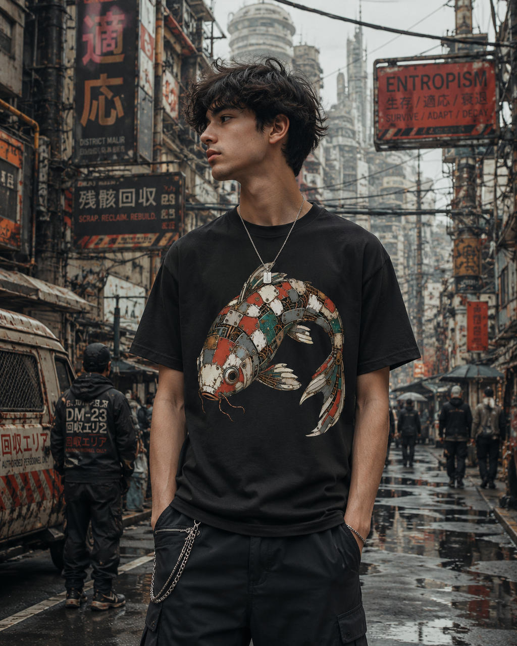 A man wearing a black graphic t-shirt with a large koi fish design, standing on a wet, atmospheric cyberpunk street with neon signs in the background.