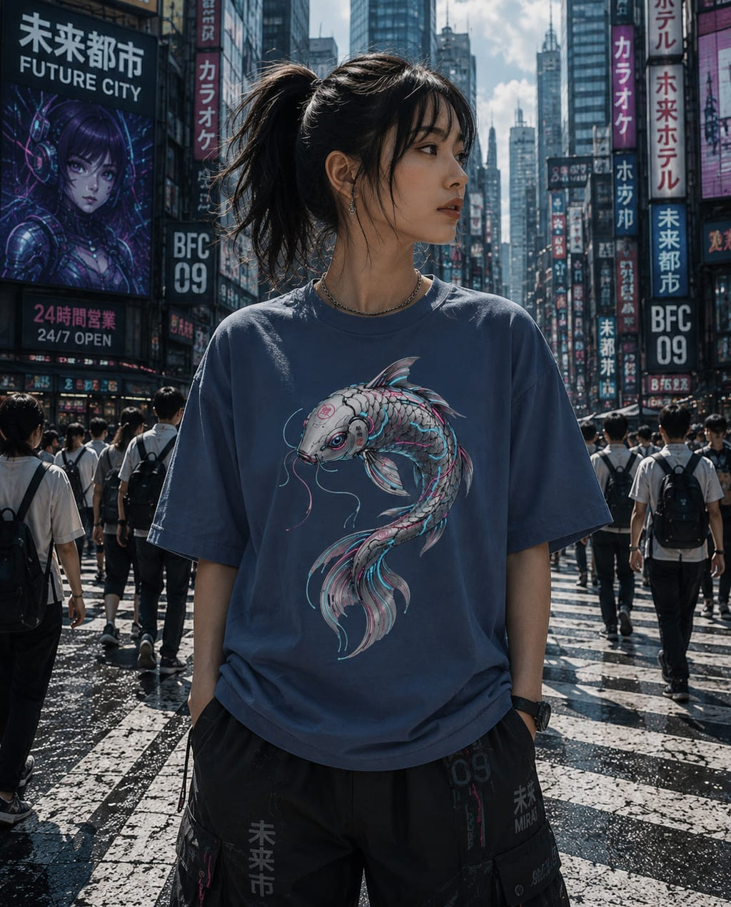 A woman stands on a busy city street wearing a faded blue graphic T-shirt with a large koi fish print in pink, white, and teal, paired with dark cargo pants. The background is a highly detailed, neon-lit urban scene with pedestrians and billboards.