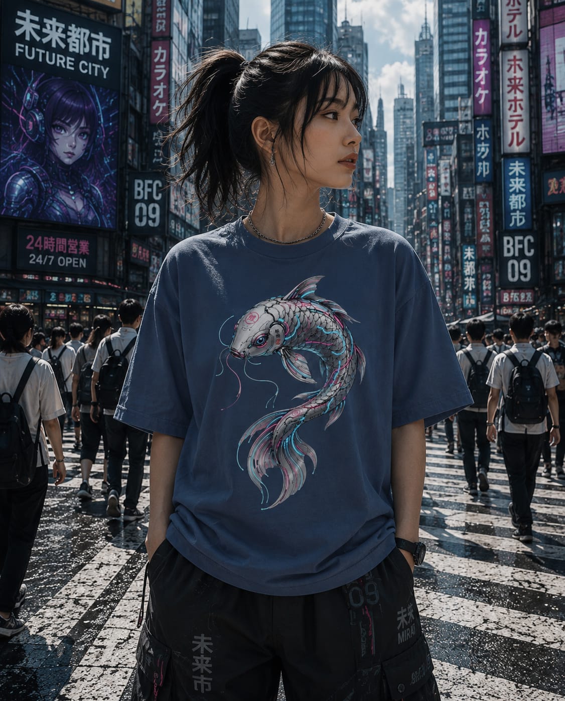 A woman stands on a busy city street wearing a faded blue graphic T-shirt with a large koi fish print in pink, white, and teal, paired with dark cargo pants. The background is a highly detailed, neon-lit urban scene with pedestrians and billboards.