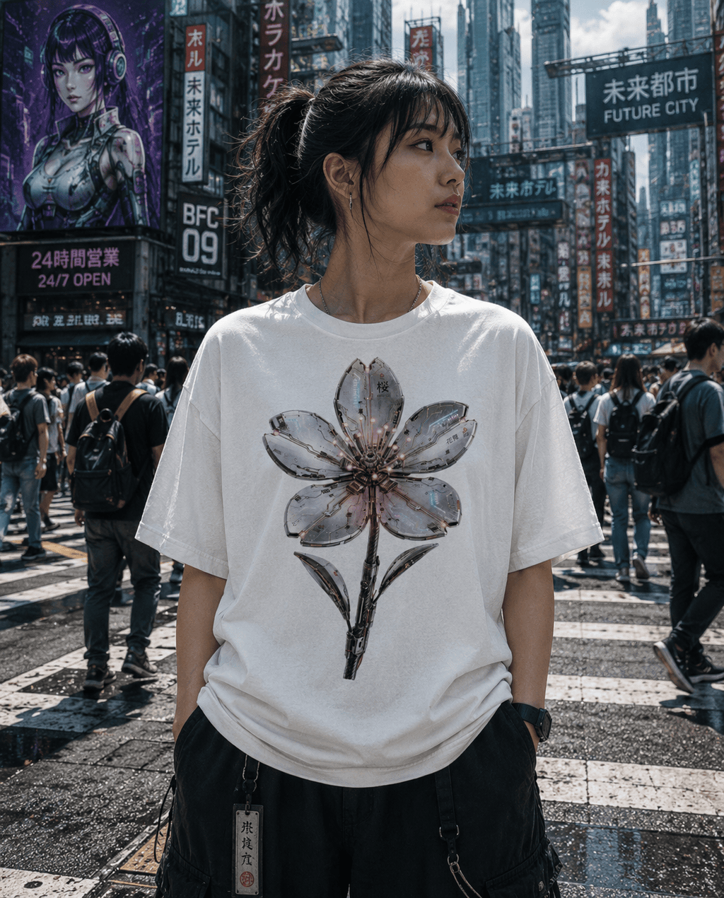 A woman wearing a white graphic t-shirt with a large pink and gray flower print, standing on a busy city street with Japanese billboards in the background.