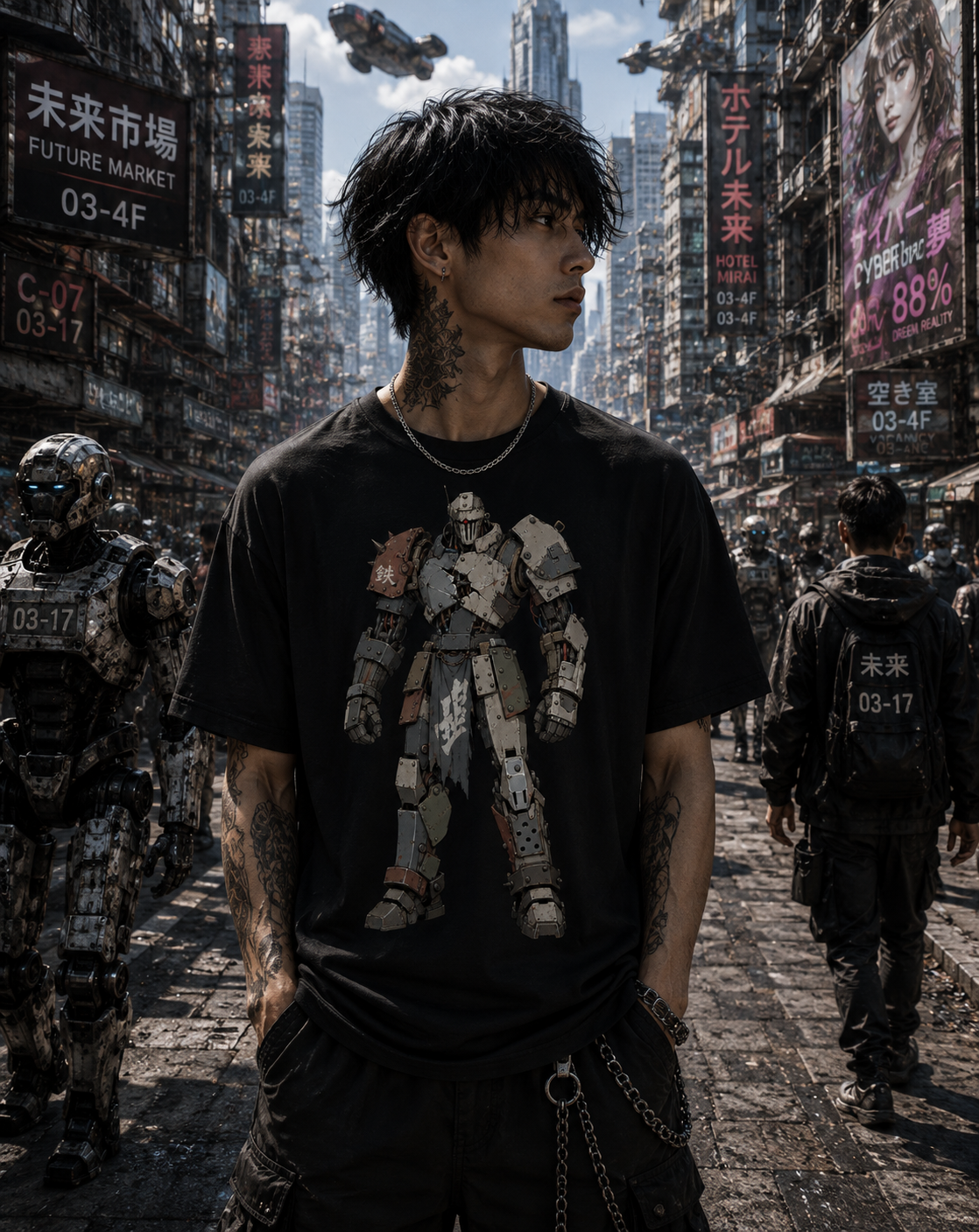 A man stands in a futuristic city street wearing a black graphic T-shirt with a large robot design on the front. The scene is highly detailed and cinematic, with other figures and neon signs in the background.