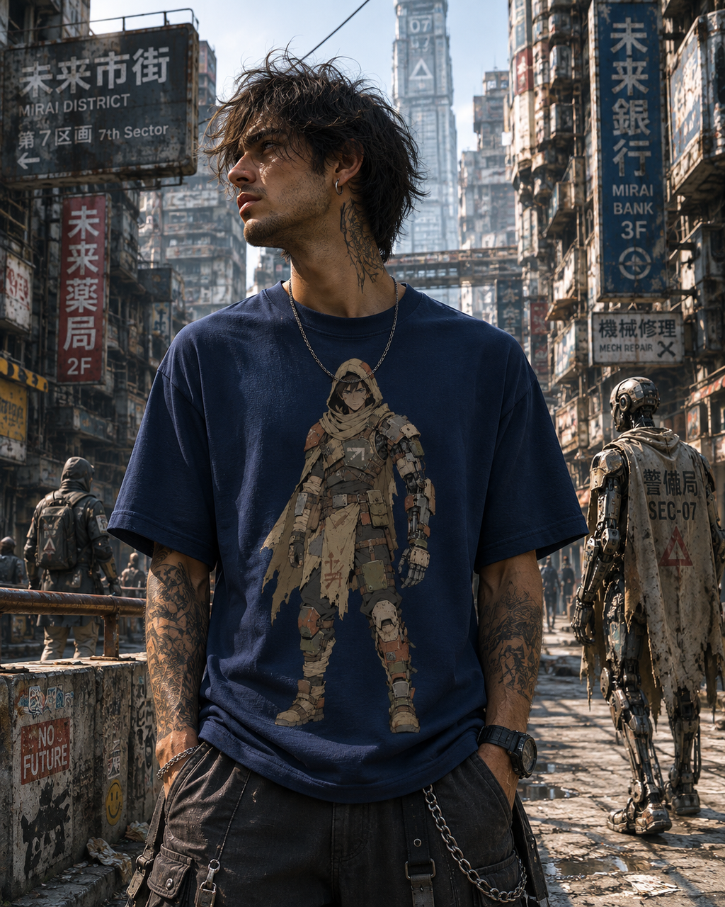 A man stands in a detailed, post-apocalyptic city street wearing a navy blue graphic t-shirt with a character print on the front, paired with dark cargo pants.