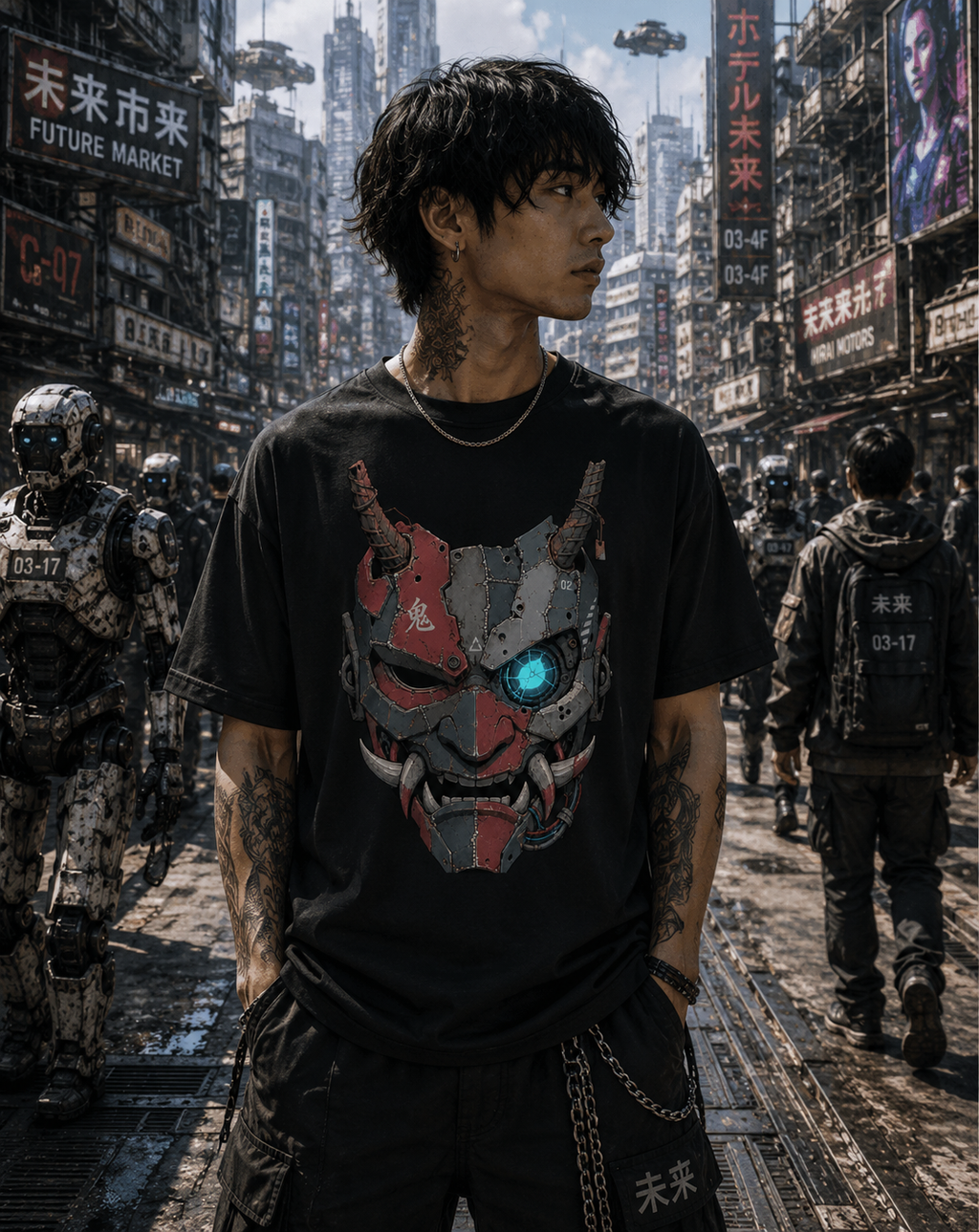 A man stands in a futuristic city street wearing a black graphic T-shirt with a large red and gray mask design featuring a glowing blue eye, paired with black cargo pants. The background shows a detailed sci-fi urban scene with other characters and signage.