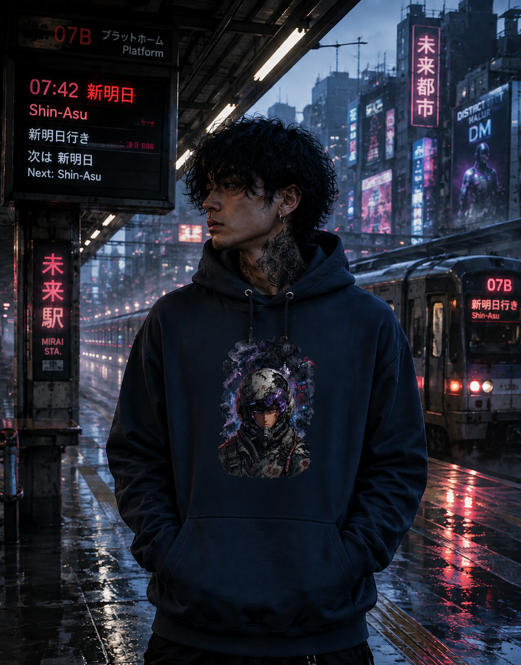 A man stands on a rainy city train platform wearing a dark navy hoodie with a detailed graphic print on the front. The background features glowing neon signs in Japanese, train tracks, and a wet, reflective street.