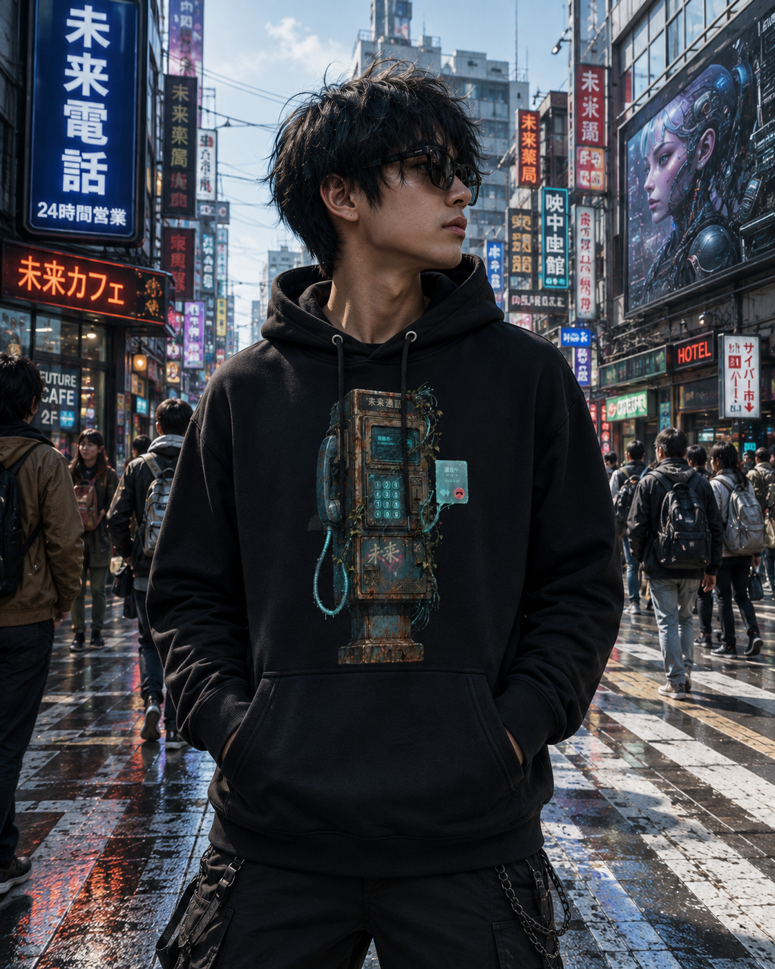 A man wearing a black pullover hoodie with a detailed vintage telephone graphic on the front, standing on a wet city street with neon signs and pedestrians in the background.