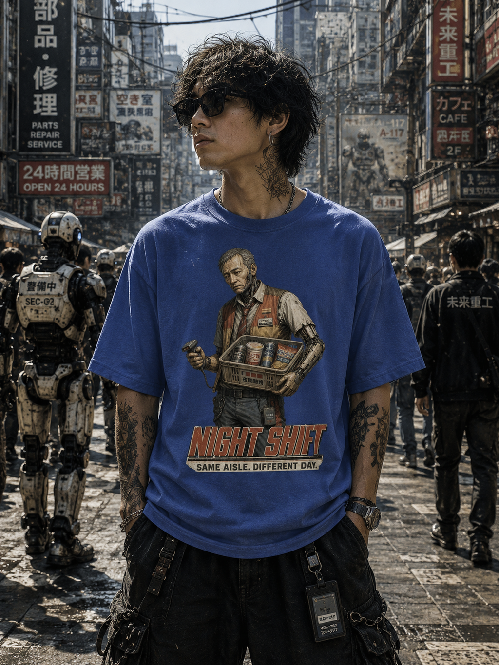 A man wearing a blue graphic t-shirt with a 'Night Shift' graphic print, standing in a busy, dystopian city street with robots and signs in the background.