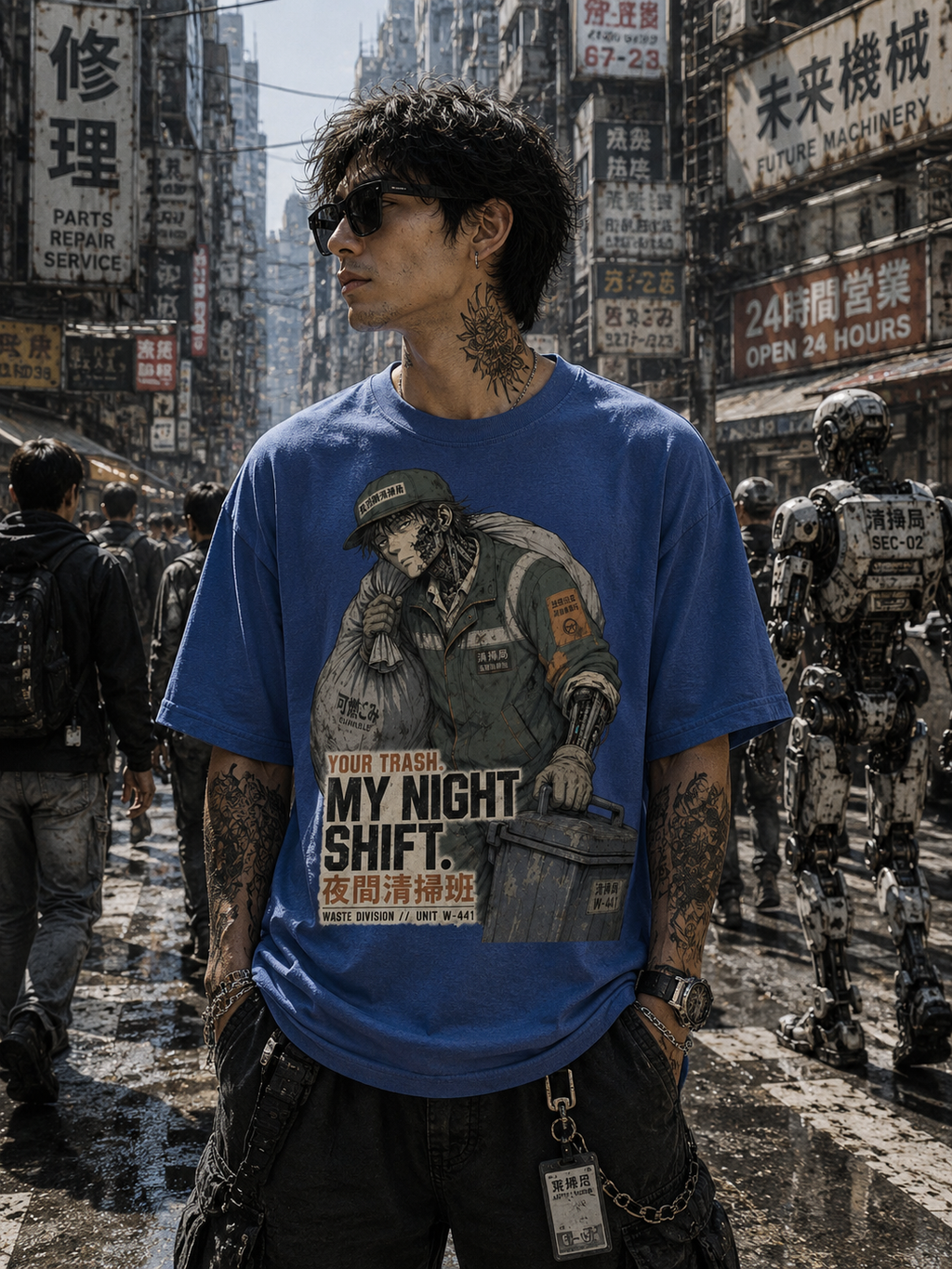 A man wearing a blue graphic t-shirt with a cyberpunk illustration and the text 'YOUR TRASH MY NIGHT SHIFT.' stands in a detailed, atmospheric street scene with robots and Japanese signs in the background.