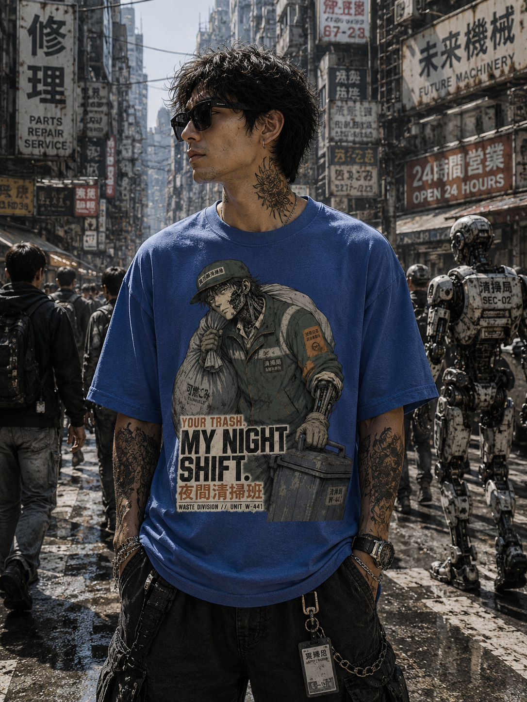 A man wearing a blue graphic t-shirt with a cyberpunk illustration and the text 'YOUR TRASH MY NIGHT SHIFT.' stands in a detailed, atmospheric street scene with robots and Japanese signs in the background.