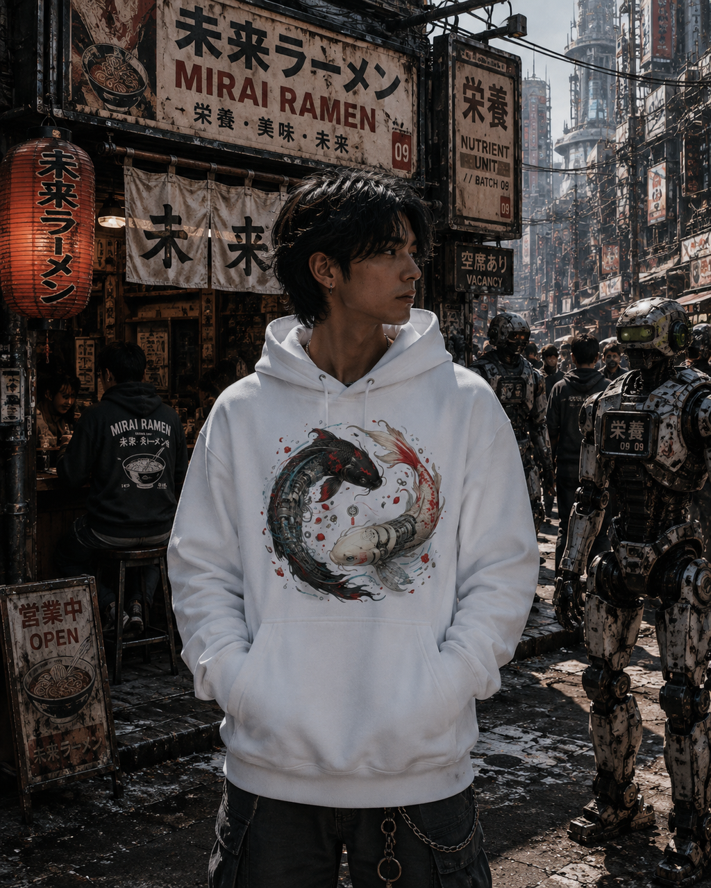 A man wearing a white pullover hoodie with a detailed black, gray, and red fish graphic stands in a gritty, post-apocalyptic street scene with Japanese signs and robots in the background.