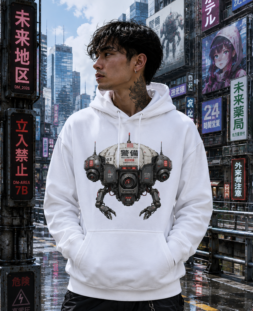 A man wearing a white pullover hoodie with a detailed sci-fi robot graphic on the front, standing in a cyberpunk city street with neon signs and posters in the background.