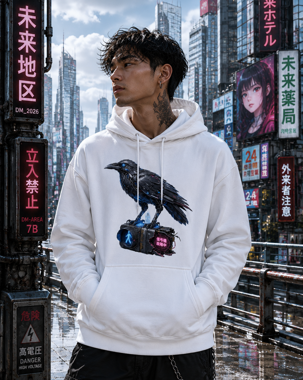 A man wearing a white pullover hoodie with a graphic of a black raven perched on a glowing cassette player, set against a backdrop of a wet, neon-lit city street with Japanese signs.