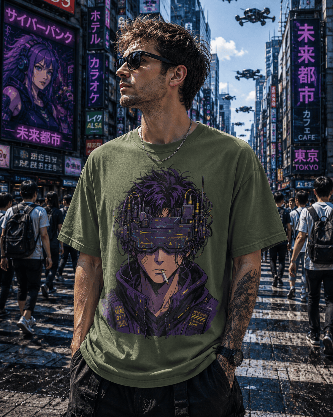 A man wearing an olive green graphic t-shirt with a purple cyberpunk character print, standing in a busy Tokyo street with neon signs and drones in the sky.