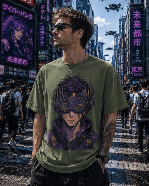 A man wearing an olive green graphic t-shirt with a purple cyberpunk character print, standing in a busy Tokyo street with neon signs and drones in the sky.
