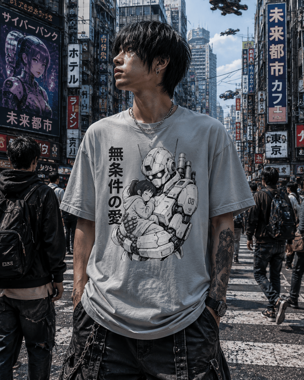 A man wearing a light gray graphic t-shirt with a black and white print of a mecha character, standing in a busy Japanese city street with neon signs and pedestrians.