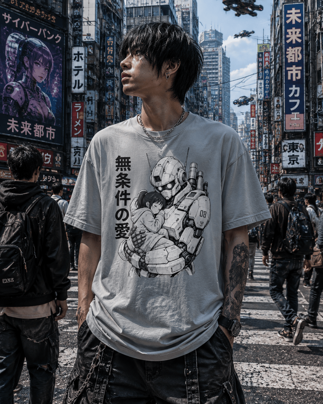A man wearing a light gray graphic t-shirt with a black and white print of a mecha character, standing in a busy Japanese city street with neon signs and pedestrians.